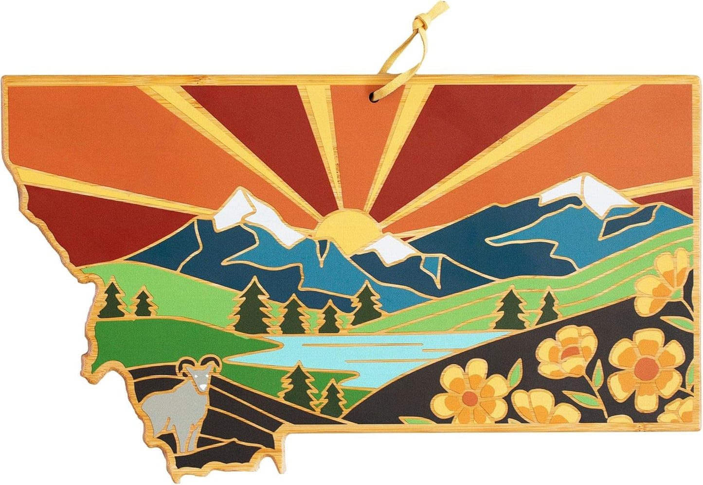 Totally Bamboo North Carolina State Shaped Cutting Board and Charcuterie Serving Platter with Artwork by Summer Stokes, Includes Hang Tie for Wall Display 18" x 8" x 5/8" - Colors A