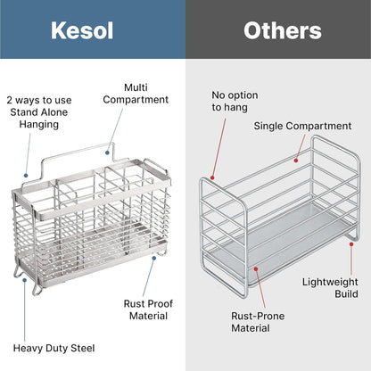 KESOL Kitchen Utensil Holder, Stainless Steel Utensil Drying Rack Flatware Holder Sinkware Caddy Countertop Organizer with 4 Divided Compartments, Rust Proof