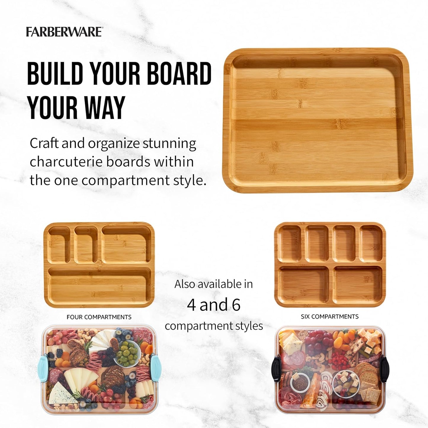 Farberware Build-A-Board Bamboo Cutting Board with Single Storage Compartment, Clear Locking Lid, Black Handles, Perfect for Charcuterie & Snacks