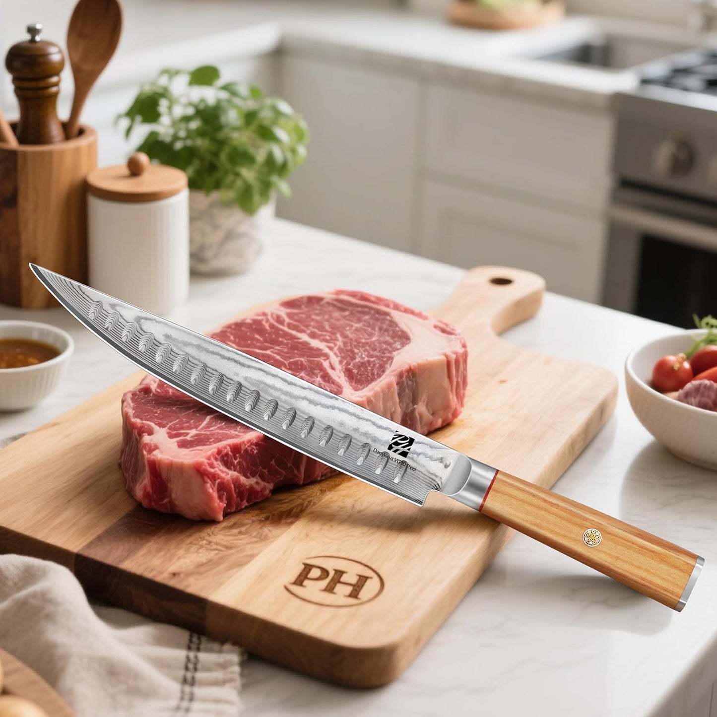 9 Inch Damascus Carving Knife - Brisket Knife 67 Layer VG-10 Steel Core with Olive Wood Handle, 62 HRC Precision Sharp Professional Kitchen Knife for Meat Slicing and BBQ, Gift Box Included