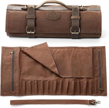 XINZUO Chef Knife Roll Bag Professional,16oz Waxed Canvas and Crazy Horse Leather,12 Slots Plus 2 Zipper Pockets,Adjustable Shoulder Strap-Travel Tool Roll Pouch(Bag Only)