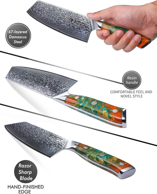 Nakiri Knife - 7.5 inch Cleaver Knife- Xuan Series - VG10 Damascus Steel Kitchen Knife - Resin Handle (Sapphire Blue)