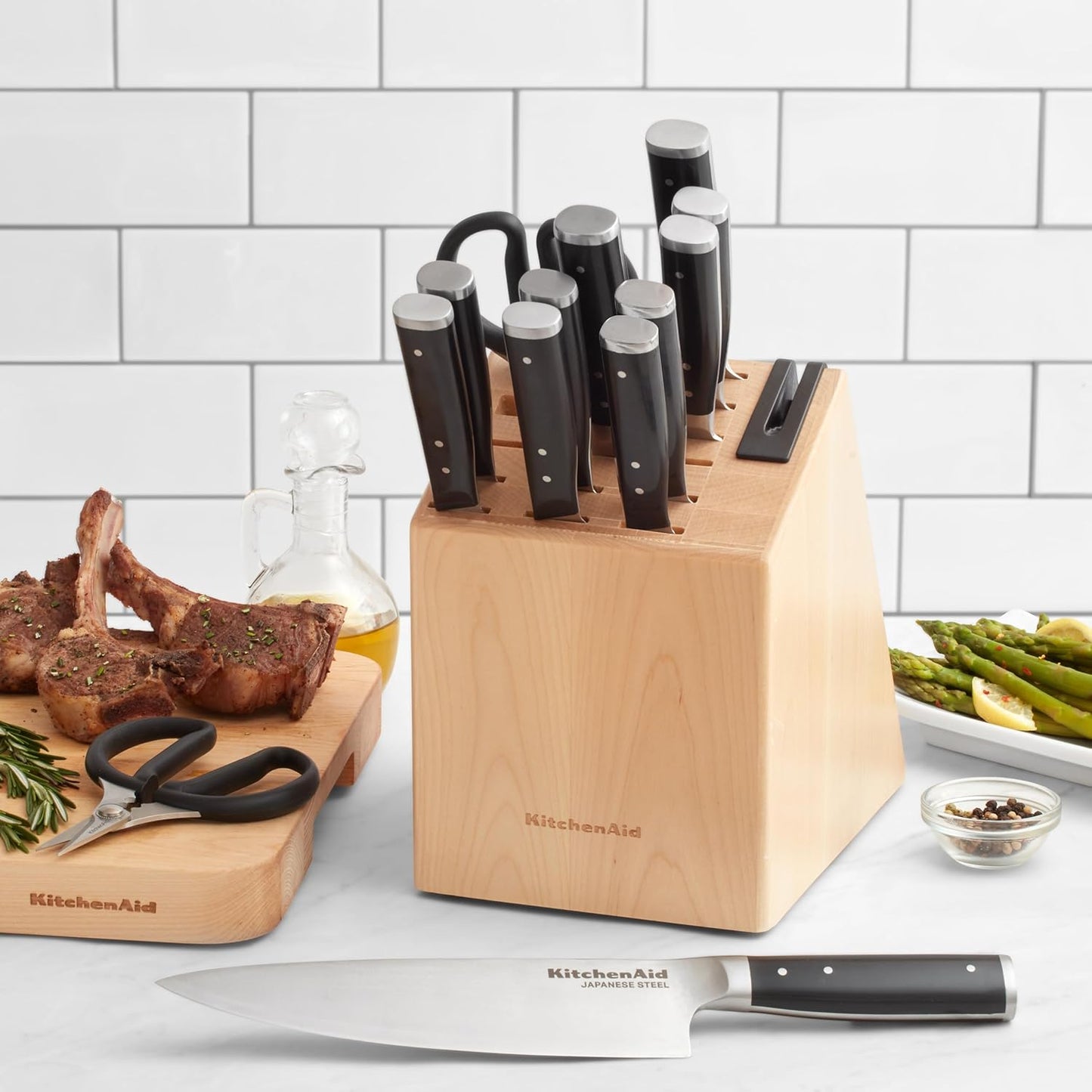 KitchenAid Gourmet Forged Triple Rivet Knife Block Set with Built-in Knife Sharpener, High Carbon Japanese Stainless Steel Kitchen Knives, Sharp Kitchen Knife Set with Block, Birchwood, 14-Piece