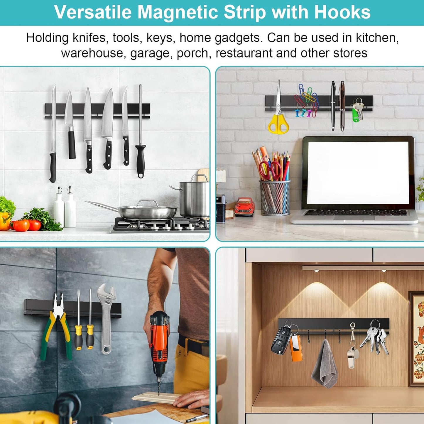 16 Inch Magnetic Knife Holder for Wall with 10 Hooks, No Drilling Magnetic Knife Strip Adhesive Magnet Bar, Wall Mount Knives Block Utensil Holder Stainless Steel Tool Rack for RV Kitchen Organization