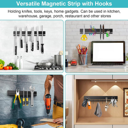 16 Inch Magnetic Knife Holder for Wall with 10 Hooks, No Drilling Magnetic Knife Strip Adhesive Magnet Bar, Wall Mount Knives Block Utensil Holder Stainless Steel Tool Rack for RV Kitchen Organization