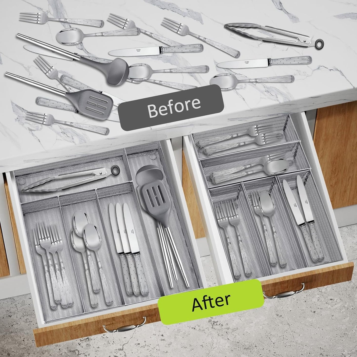 Neudeco Silverware Organizer,Mesh Drawer Organizer for Kitchen，Metal Utensil Organizer for Flatware, Knives, Spoons,Cosmetic (Silver 9 * 3 * 2 inch Pack6)