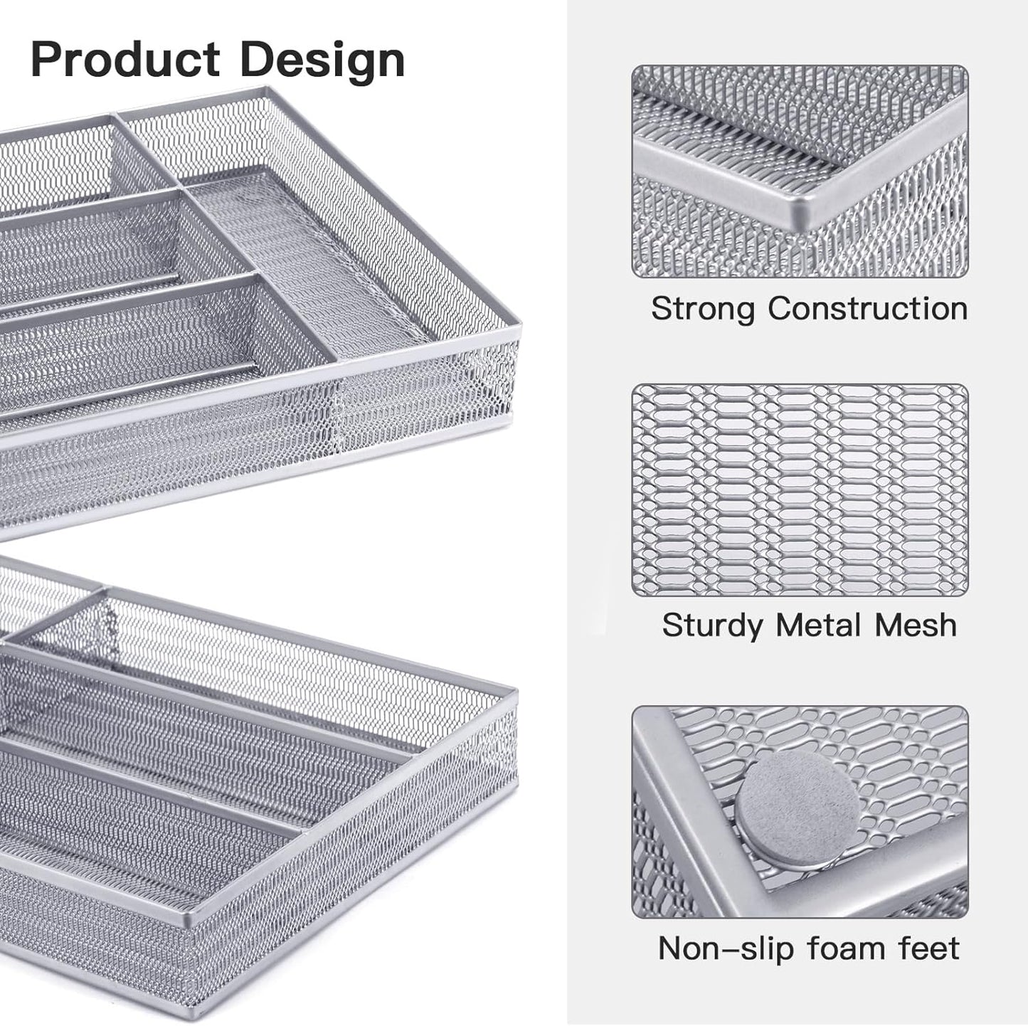 Neudeco Silverware Organizer,Mesh Drawer Organizer for Kitchen，Metal Utensil Organizer for Flatware, Knives, Spoons,Cosmetic (Silver 9 * 3 * 2 inch Pack6)