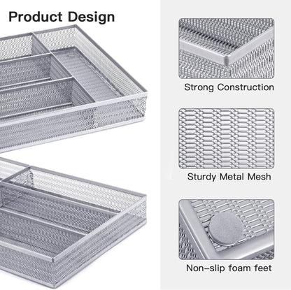 Neudeco Silverware Organizer,Mesh Drawer Organizer for Kitchen，Metal Utensil Organizer for Flatware, Knives, Spoons,Cosmetic (Silver 9 * 3 * 2 inch Pack6)