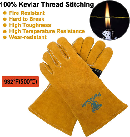Welding Gloves 14 Inches, Heat Resistant 932℉ Leather Welding Gloves for MIG, TIG, Stick, Long Sleeve Grill Gloves for Welding, Fireplace, BBQ, Oven, Furnace, Wood Stove, Animal Handling