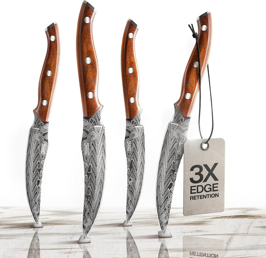 Jikko® Bushido Edition – Japanese AUS-8 Steak Knife Set (4 pcs) with Rosewood Handles | Premium Full-Tang Carving Knives for Meat, Steak & BBQ – Razor Sharp 15° Edge, Gift Collector’s Box
