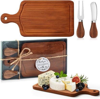 1 Set Bridal Baby Shower Cheese Prizes Wooden Square Board Gift Set Knives Forks Thank You Tags with Box for Guests for Valentines Bridal Baby Shower Housewarming Gifts (Acacia Color)