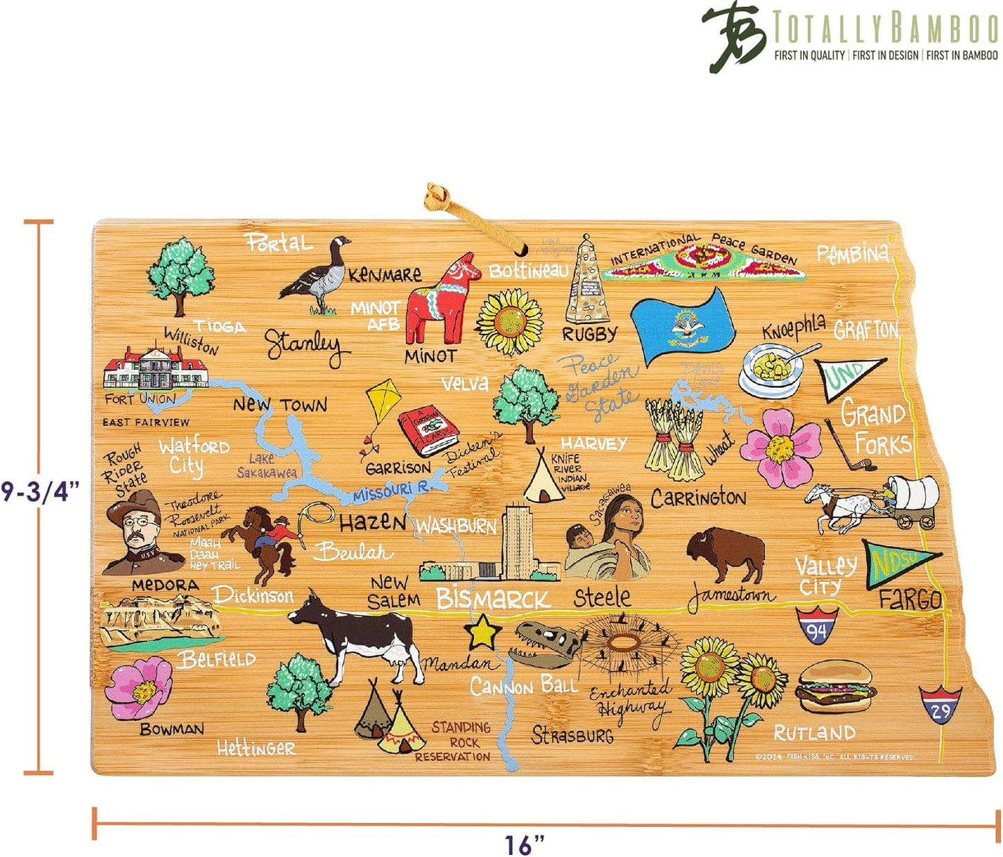 Totally Bamboo Tennessee State Shaped Cutting Board and Charcuterie Serving Platter with Artwork by Fish Kiss, Includes Hang Tie for Wall Display - Colors A