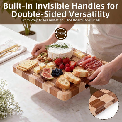 Checkered Cutting Board for Kitchen - Solid Wood End Grain Checkerboard Chopping Board with Handle & Juice Groove, Double Sided for Cooking, Serving and Decor, Rectangular 16" x 12" x 1"