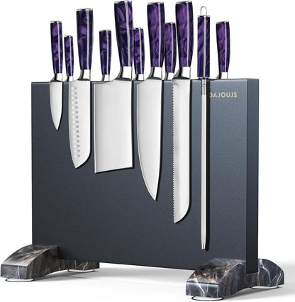 Magnetic Knife Holder, Stainless Steel Magnetic Knife Block without Knives, Strong Double Sided Magnet Knife Storage Strip with Wood Base for Kitchen Counter-Silver