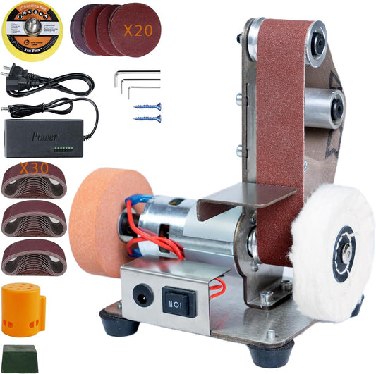 Mini Belt Sander, Electric Small Sander Knife Making Supplies, 7 Adjustable Speed Electric Knife Sharpener, Power Belt Grinder for Woodworking, Metal Working DIY (6.5'' x 6.8'' x 4.8'')