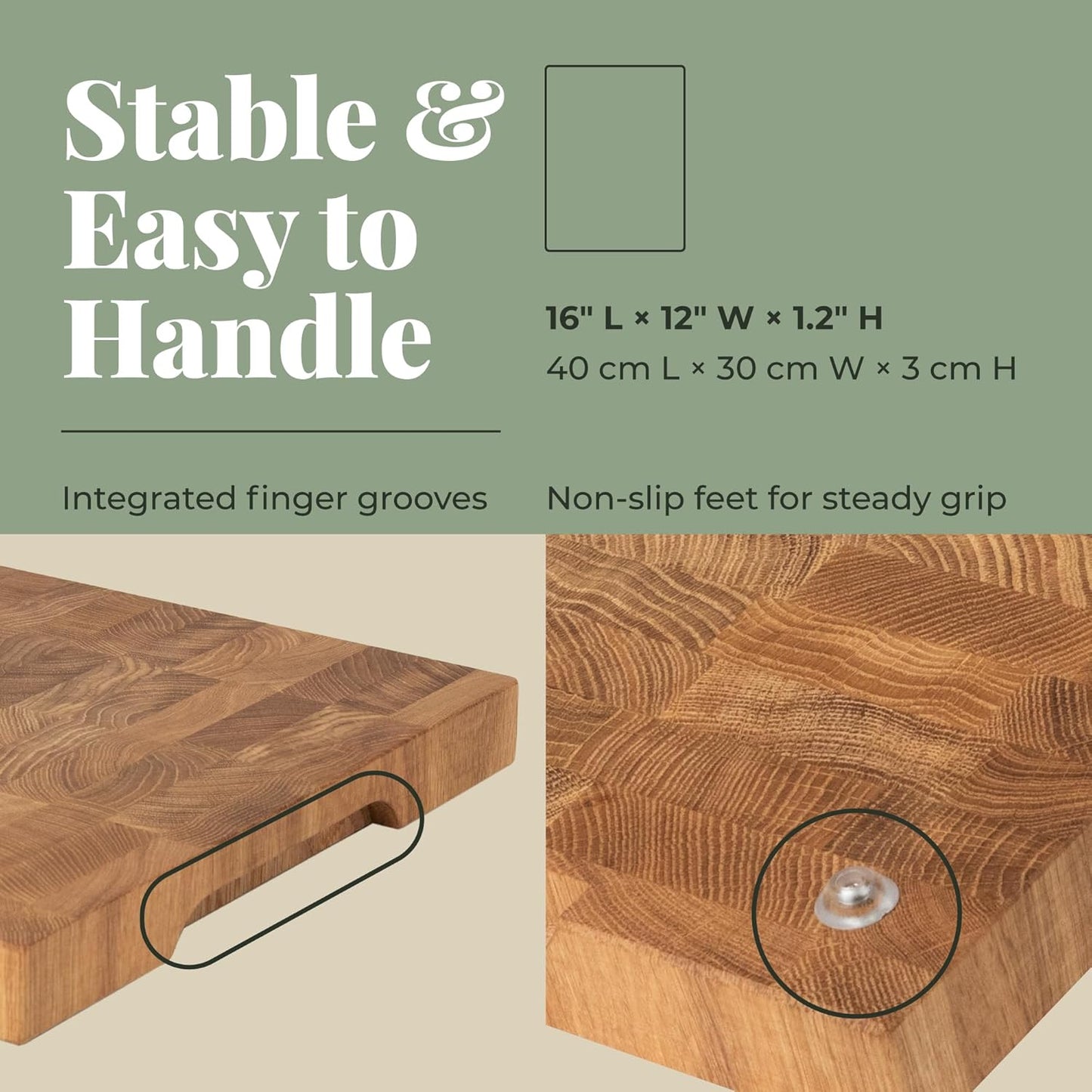 End Grain Cutting Board 12"x10", Butcher Block Oak Wood Chopping Board with Non-Slip Feet & Handles, Charcuterie Board, Knife-Friendly, Serving Cutting Board for Kitchen