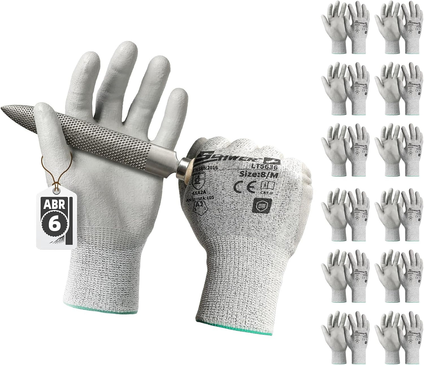 Schwer 6 Pairs ANSI A2 Cut Resistant Work Gloves with Certified Level 6 Ultra Abrasion Resistance, Safety Gloves with Grip for General Use, Construction, Gardening, Mechanic, 3D-Comfort, LT5636, L