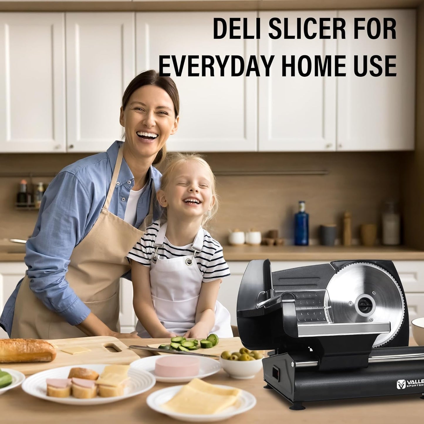 Valley Sportsman Meat Slicer Machine for Home - Electric Deli Meat Slicer with 7.5" Stainless Steel Blade, Adjustable Thickness Food Slicer Cuts Meat, Bread, Cheese, Easy to Clean, Black