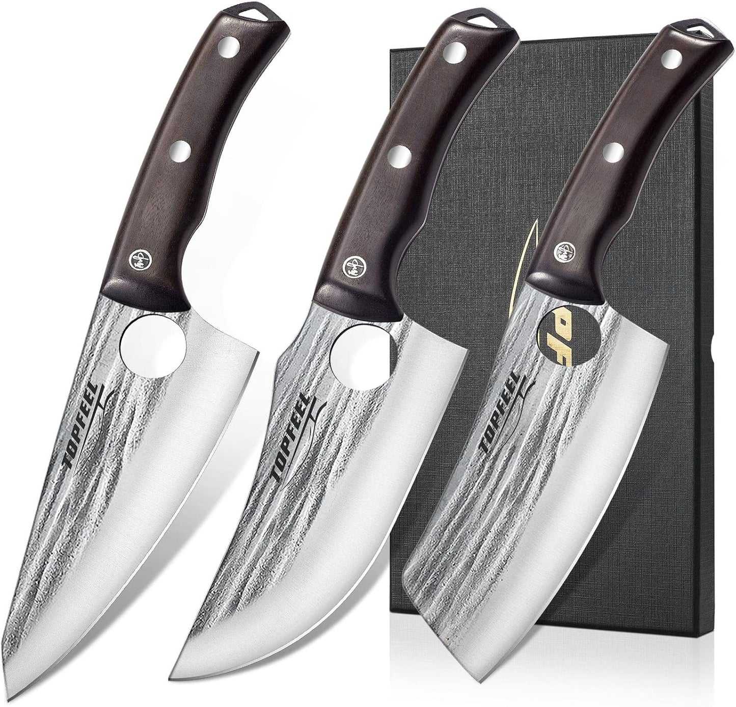 Topfeel 2PCS Meat Cleaver & Heavy Duty Bone Chopper Knife Set, Hand Forged German High Carbon Stainless Steel Butcher Knife for Home Kitchen & Outdoor