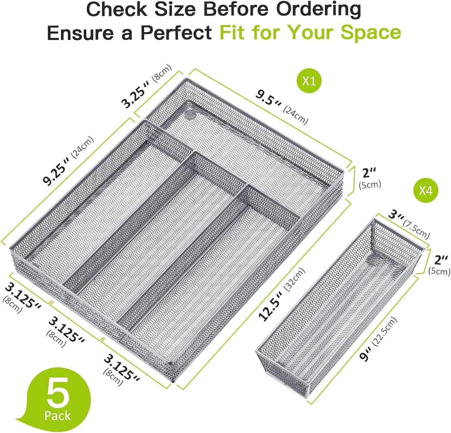Neudeco Silverware Organizer,Mesh Drawer Organizer for Kitchen，Metal Utensil Organizer for Flatware, Knives, Spoons,Cosmetic (Silver 9 * 3 * 2 inch Pack6)