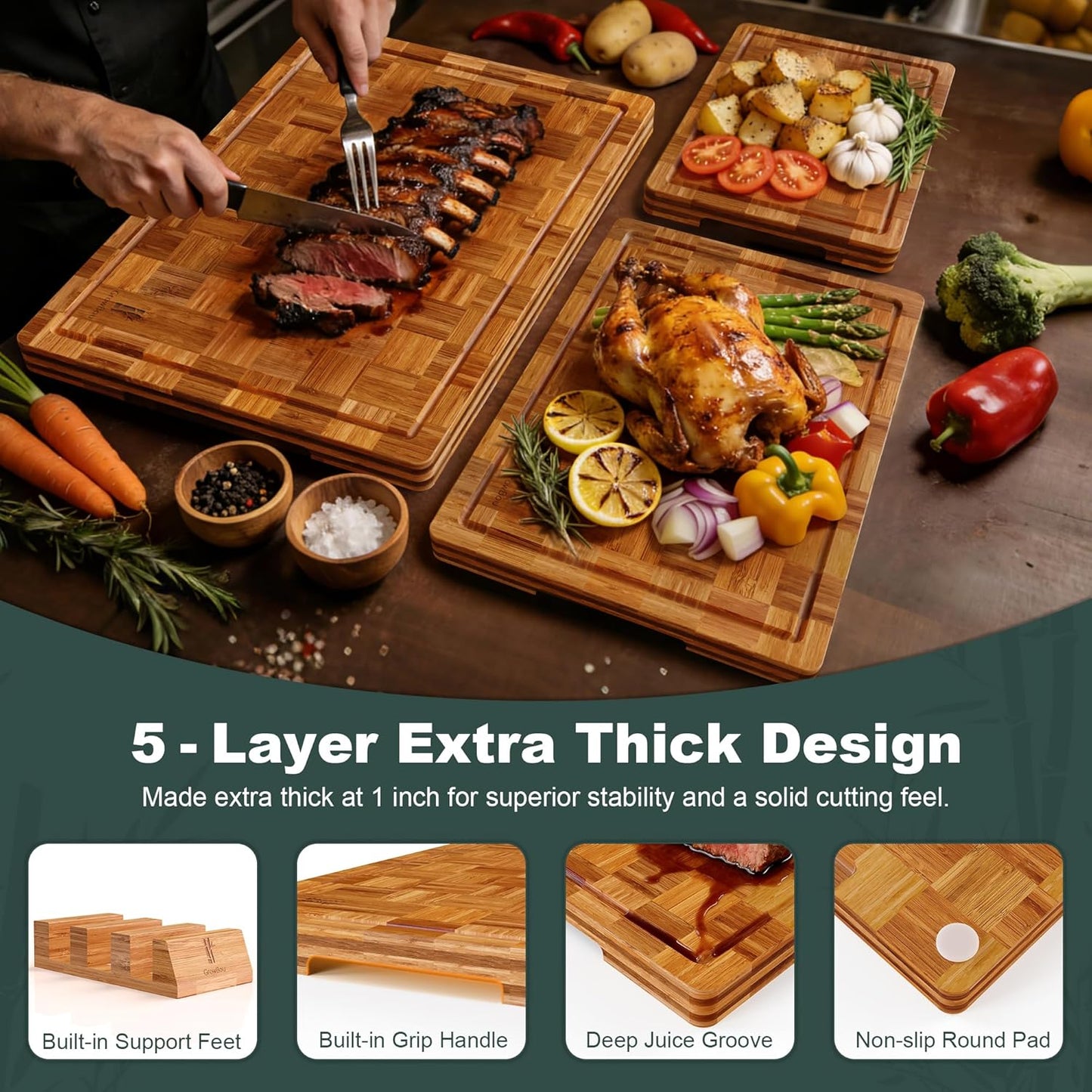Extra Large Bamboo Cutting Boards, 3-Pack Heavy Duty Bamboo Cutting Boards Set with Juice Grooves & Non-Slip Feet – Extra Large Thick Wood Chopping Board for Meat, Fruits & More, Non-Toxic & Durable