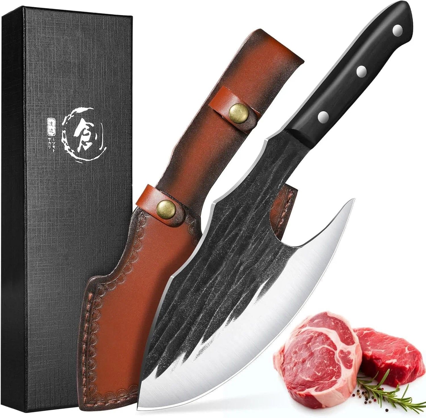 Huusk Chef Knife - Upgraded Viking Hand Forged Meat Cleaver With Sheath - Japanese Butcher Curved Boning Knife for Cutting, Cooking, Kitchen, Outdoor Camping, and BBQ, Gifts for Men Women