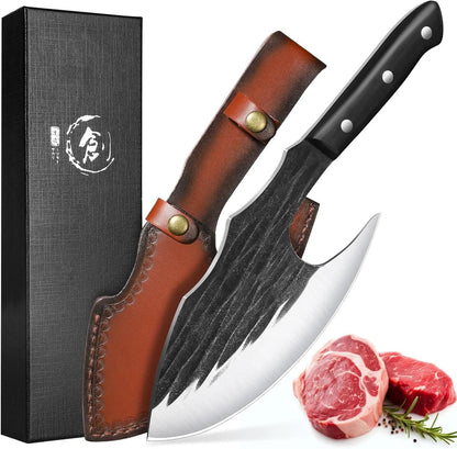 Huusk Chef Knife - Upgraded Viking Hand Forged Meat Cleaver With Sheath - Japanese Butcher Curved Boning Knife for Cutting, Cooking, Kitchen, Outdoor Camping, and BBQ, Gifts for Men Women