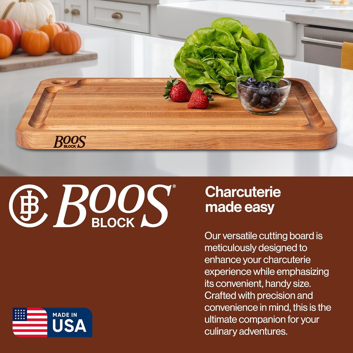 John Boos Prestige Series Rectangular Wooden Maple Cutting Board 18”x12” – 1.25” Thick, 8-lb Reversible Butcher Block with Juice Groove, Edge-Grain & Finger Grip Hole – Made in the USA
