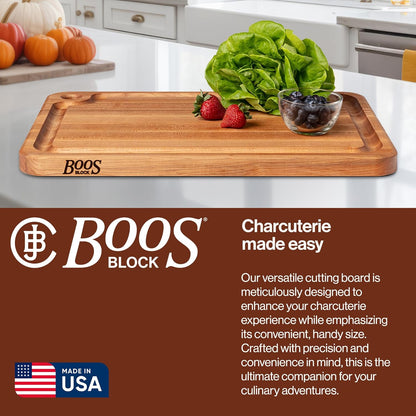 John Boos Prestige Series Rectangular Wooden Maple Cutting Board 18”x12” – 1.25” Thick, 8-lb Reversible Butcher Block with Juice Groove, Edge-Grain & Finger Grip Hole – Made in the USA