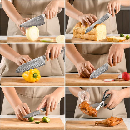 Damascus Knife Set with Block for Kitchen, 7-Piece VG10 Damascus Steel Kitchen Knife Set with Triple-Rivet Handles, Chef, Bread & Santoku Knives, Shears, Natural Wooden Block