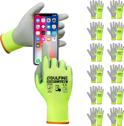 DULFINE Safety Work Gloves PU Coated-12 Pairs,Red Seamless Knit Glove with Polyurethane Coated Smooth Grip on Palm & Fingers, for Men and Women, Ideal for General Duty Work (Large)