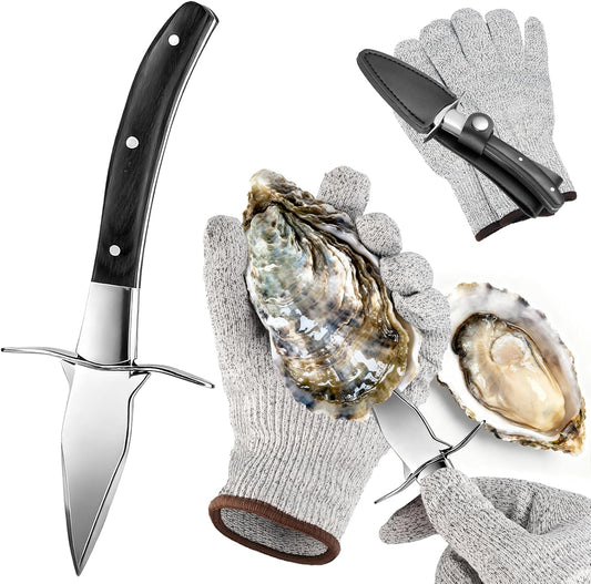 QUMMFA Professional Oyster Shucking Knife, 2CR13 Stainless Steel Oyster Knife, Sturdy Sharpness Opener for All Kinds of Shells, and Level 5 Cut Resistant Glove (XL)