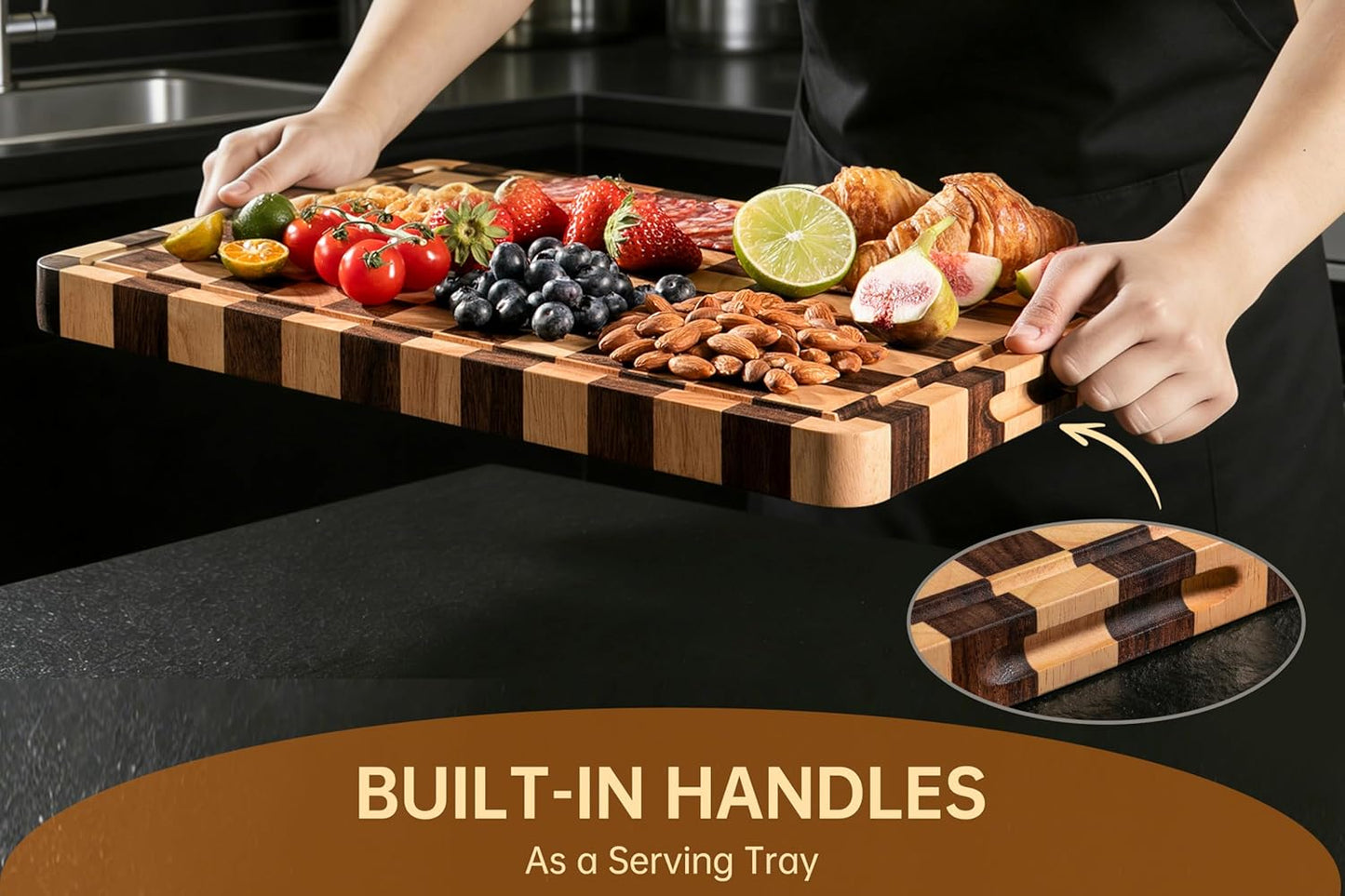 THETCHRY Cutting Boards for Kitchen, Checkered Cutting Board Thickened, Walnut & Rubber Wood Chopping Board with Juice Groove & Handle, Double-sided Butcher Block with Gift Box, 16.5" x 11.6" x 1.2"