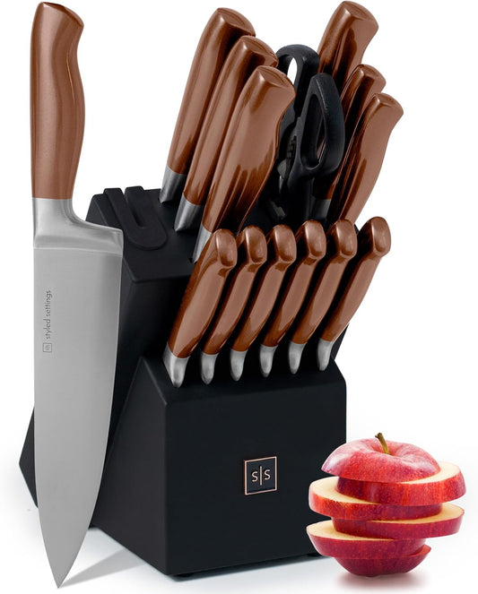 Styled Settings Gold Knife Set with Block & Built-In Sharpener – 14-Piece Full Tang Kitchen Knives Set – Gold Knives Set with Self-Sharpening Block, Titanium Knife Set with Black Block