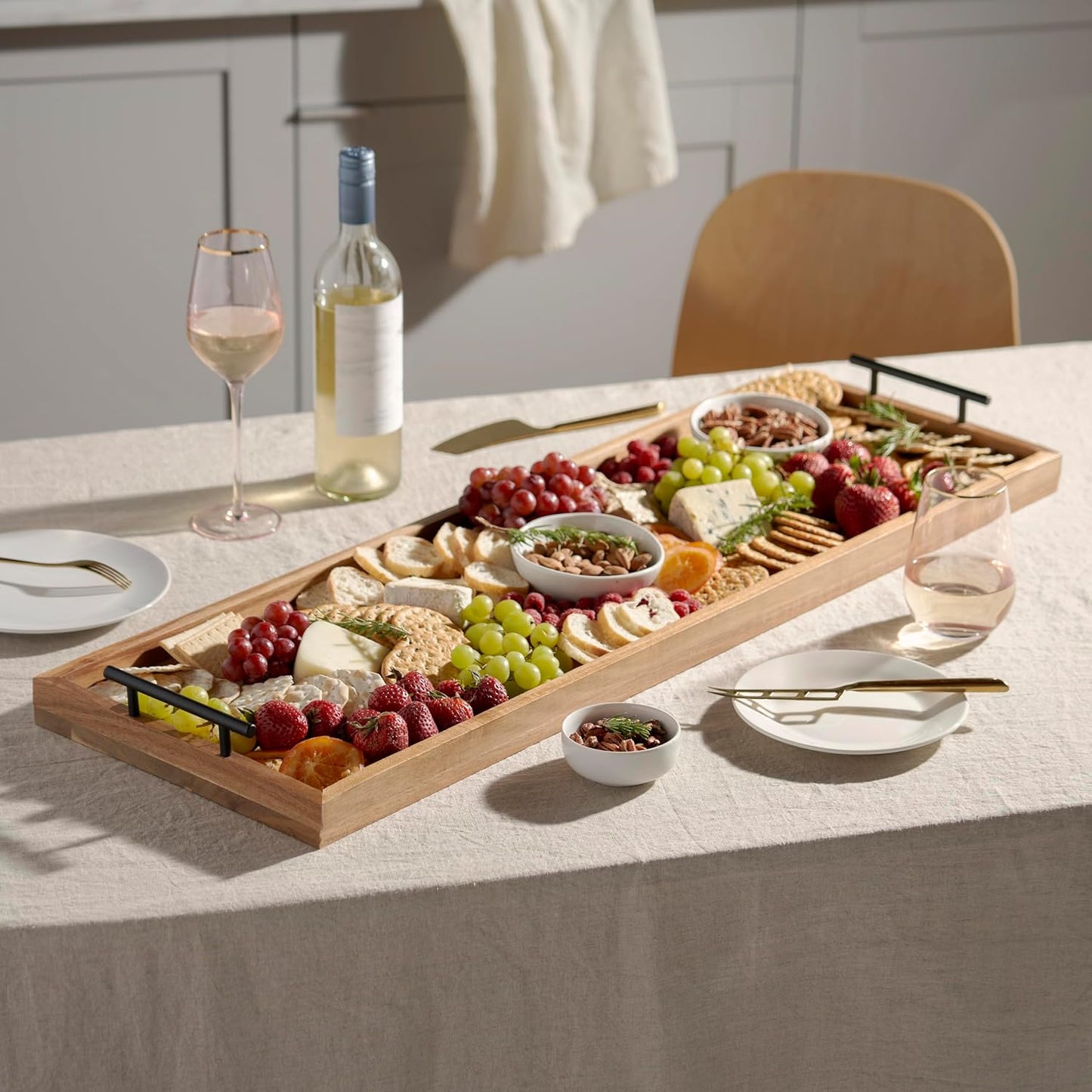 Twine Acacia Cheese Board and Knife Set, Footed Cheese Snack Tray and Cheese Knives Set Cooking Accessories, 16inch Diameter