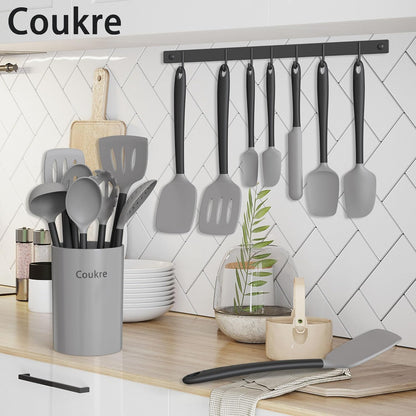 Coukre Silicone Kitchen Cooking Utensils Set with Holder – Heat-Resistant, Food-Grade Kitchen Tools, Spatula, Spoon & Gadgets for Non-Stick Pans, Dishwasher Safe (14, PureBlack)