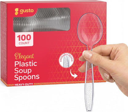 GUSTO [100 Pack Clear Plastic Knives Heavy Duty with Engraved Design - Disposable, Sturdy for Parties, Weddings, and Events-(Formerly Comfy Package)