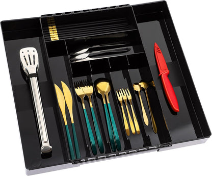 IEEK Silverware Drawer Organizer Tray for Kitchen,Expandable Utensil Tray Multipurpose Drawer Dividers Adjustable Cutlery and Flatware Holder,Plastic Spoon Forks Knives Holder Storage Divider,Clear-M