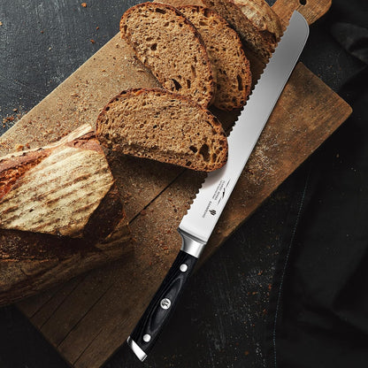 10" Bread Knife - Sourdough Slicing Knife Professional 5Cr15MoV Stainless Steel Serrated Knives, Ergonomic Wood Handle & Full Tang Design, Gift Box Included (Single-Edge