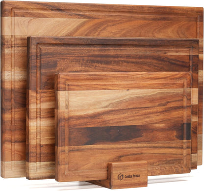 Non Toxic Acacia Wood Cutting Board Set with Stand | 3 Pcs Knife-Friendly Non-Slip Wooden Cutting Boards for Kitchen | 0.7″Thick Butcher Block | Solid Chopping Boards with Juice Groove