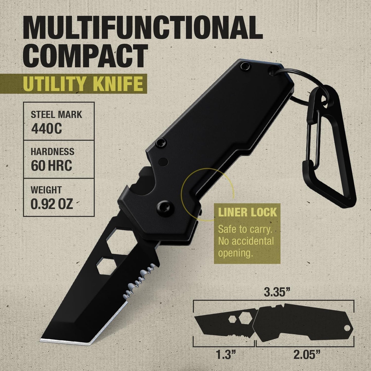 Mini Keychain Knife with Carabiner - 1.3" Tanto Serrated Blade - 6 in 1 Black Multitool - Bottle Opener Box Cutter Liner Lock - EDC Gadgets - Legal Folding Small Pocket Sashimi Knives Pocket - 2248