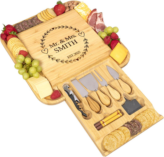 Charcuterie Board Set with Knife Drawer – Large Bamboo Cheese Board Set with Knives, Serving Board for Meat, Cheese & Appetizers – Housewarming & Wedding Gift