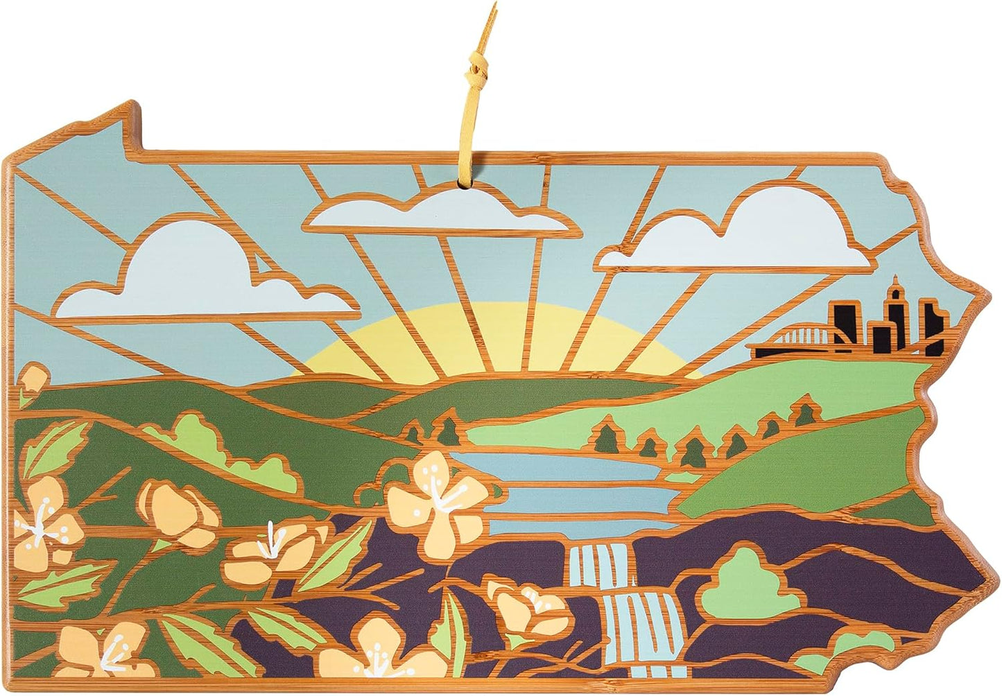 Totally Bamboo North Carolina State Shaped Cutting Board and Charcuterie Serving Platter with Artwork by Summer Stokes, Includes Hang Tie for Wall Display 18" x 8" x 5/8" - Colors A