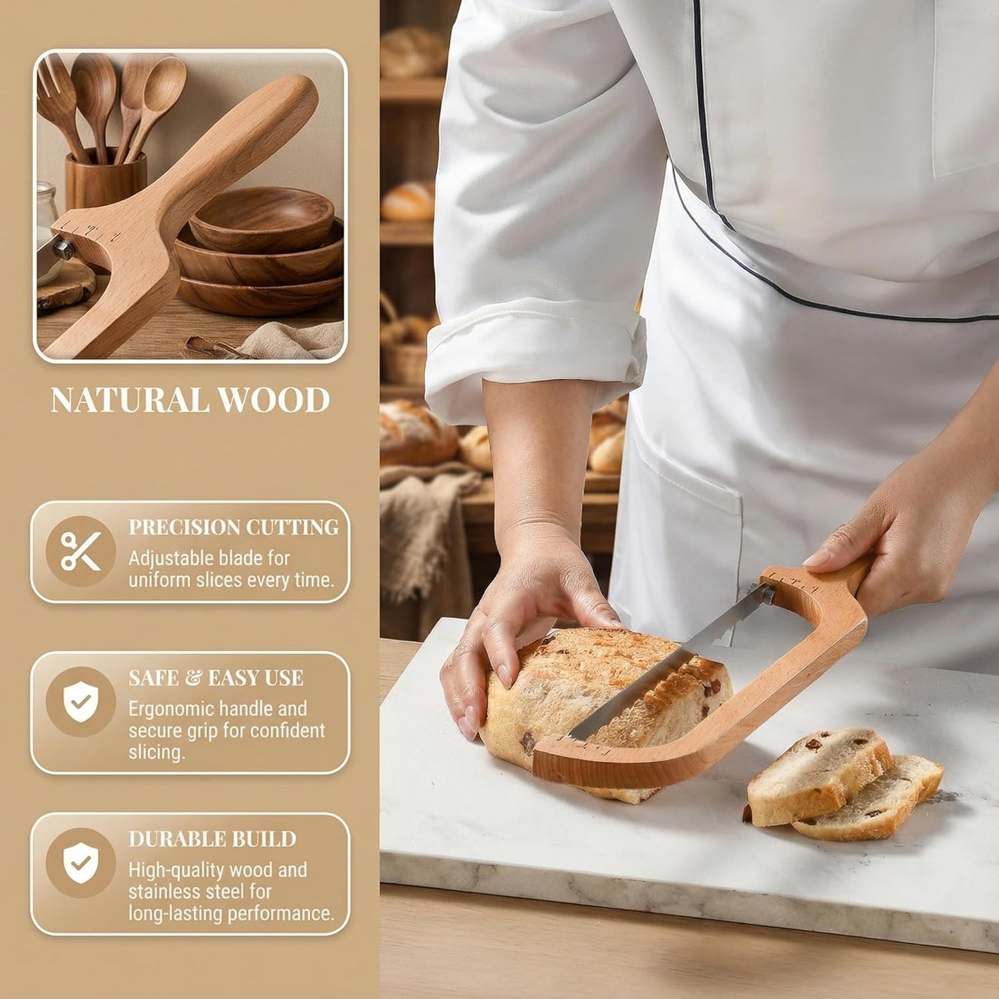 360° Rotatable Blade Wooden Bread Knife, Left-Hand Friendly, Bread Slicer, Bread Bow Saw