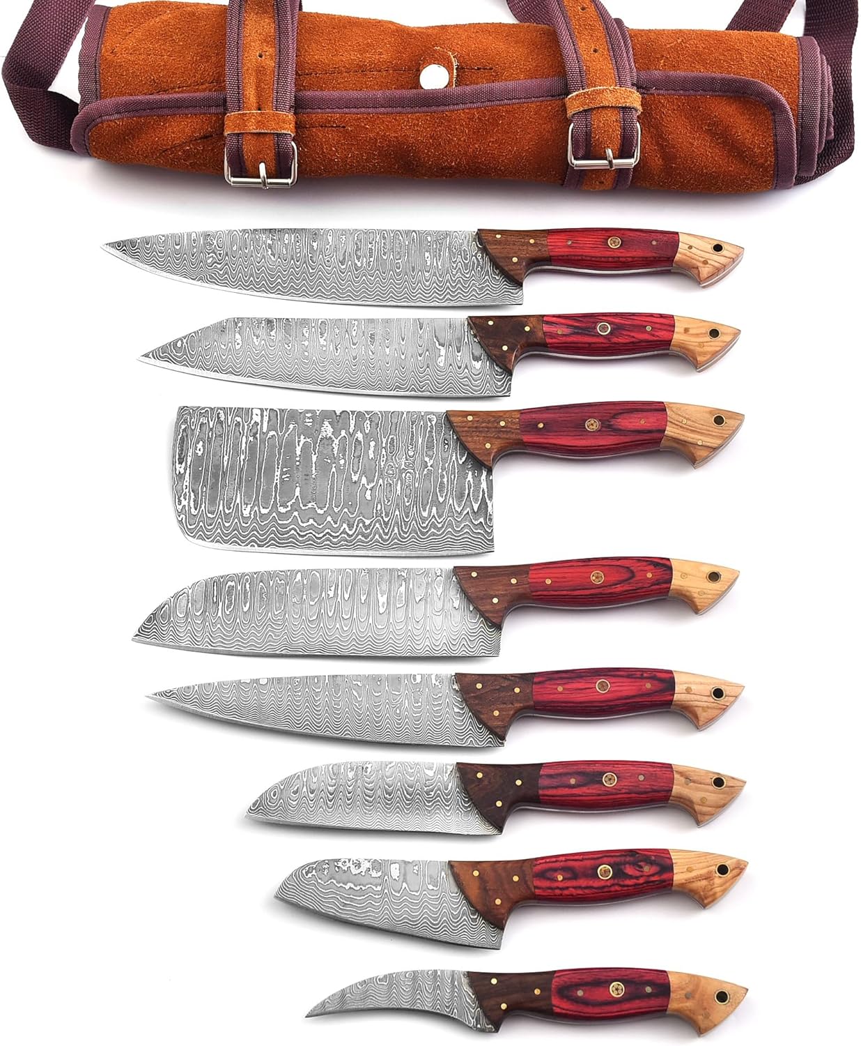 129-8 Stainless Steel Damascus Knife Set 8 pcs, Kitchen Knife Set with Leather Roll Case Bag High Carbon Ultra Sharp Knife for Kitchen, Professional Chef Knife Set with Bag 129 (8)