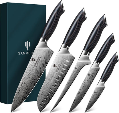 5PCS Knife Set, Kitchen Knife Sets in Powder Steel, Ultra Sharp Japanese Knives Set High Carbon Steel Chef Knives Sets, Cooking Knives Set with Ergonomic Pakkawood Handle