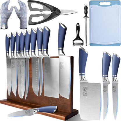 XYJ Professional Knife Sets for Master Chefs,Meat Cleaver Butcher for Camping,Chef Knife Set with Magnetic Knife Block,Stainless Steel Kitchen Knives Tools Kit