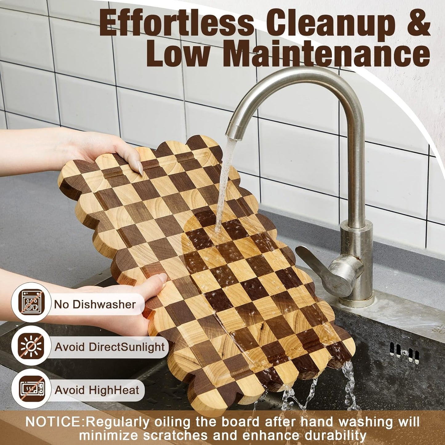 Nuanchu 3 Pcs Checkered Scalloped Cutting Board for Kitchen, Wood Chopping Board with Juice Grooves, Decorative Cutting Boards for Serving, Butcher Block for Meat and Bread (9x5.9,12x7.9,15x10 Inch)