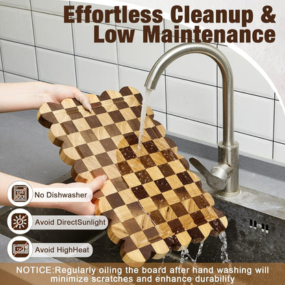 Nuanchu 3 Pcs Checkered Scalloped Cutting Board for Kitchen, Wood Chopping Board with Juice Grooves, Decorative Cutting Boards for Serving, Butcher Block for Meat and Bread (9x5.9,12x7.9,15x10 Inch)