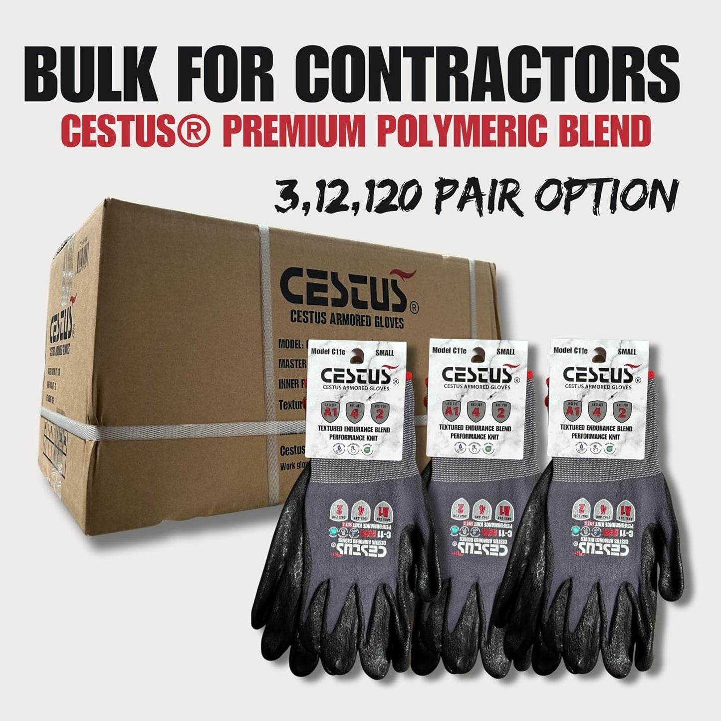 Cestus C11e, Nitrile Coated Work Gloves with Grip, Touchscreen, Reinforced Double Knit (3,12,120 Pairs)